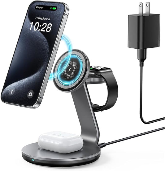 HERRBOLAI 3 in 1 Charging Station Compatible with Magsafe Charger Wireless Charger Stand for iPhone 17 16 15 14 13 12 Wireless Charging Station for AirPods Wireless Charging Stand for iWatch Series