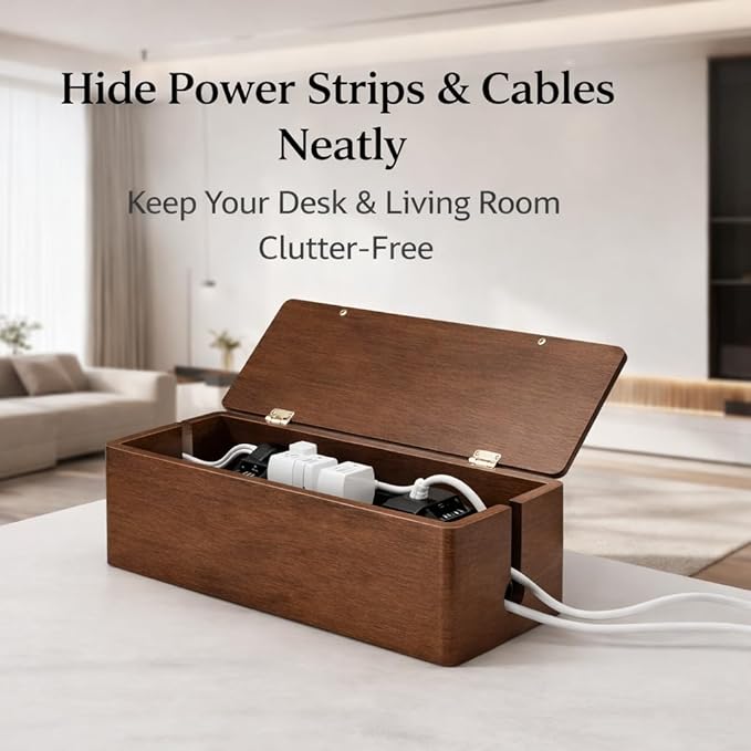 [Tikora] Spring Cleaning Essential: Real Walnut Solid Wood Cable Management Box, Magnetic Lid Cord Organizer for Desk & Home Office - 14.17" x 6.1" x 4.78"
