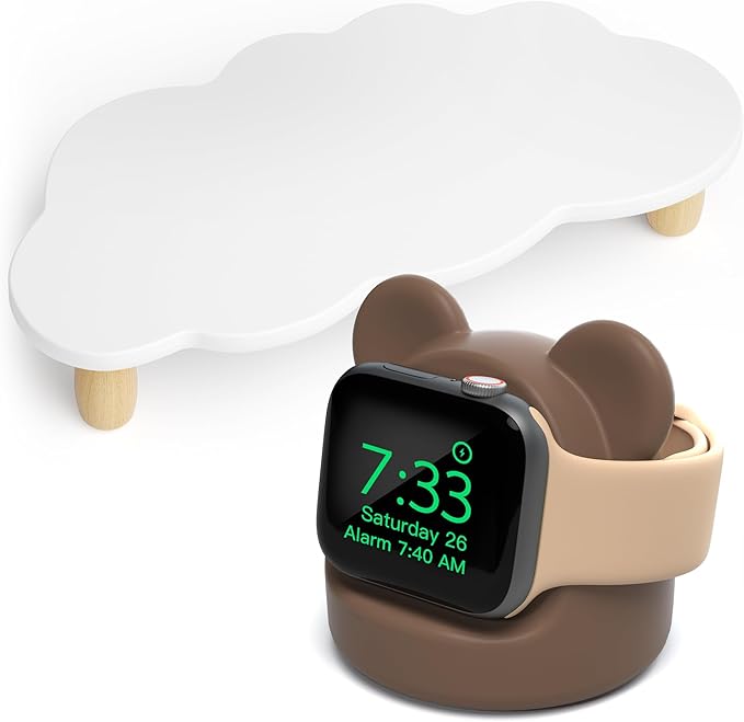 AFOOYO Monitor Stand Riser, Cloud-Shaped Sturdy Wood Computer Monitor Riser, Laptop Monitor Stand+Bear Charger Stand Silicone Dock Holder for Apple Watch Series