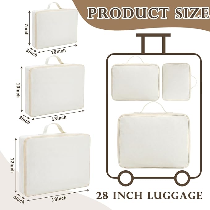 Shinymoon 3 Set 100% Cotton Packing Cubes with Handle Travel Luggage Storage Organizer Bags Beige Suitcases Bags Durable Zippers for Clothes Shoes Storage Weekend Plus Set(Regular Styles)