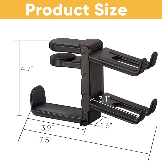 3 in 1 Under Desk Headphone Hanger with Adjustable Clamp Mount, 2 Controller Slots & 1 Headset Universal Holder Stand, Rotatable Hook Rack & Cable Organizer, for Home Gaming Xbox ps5 - Black