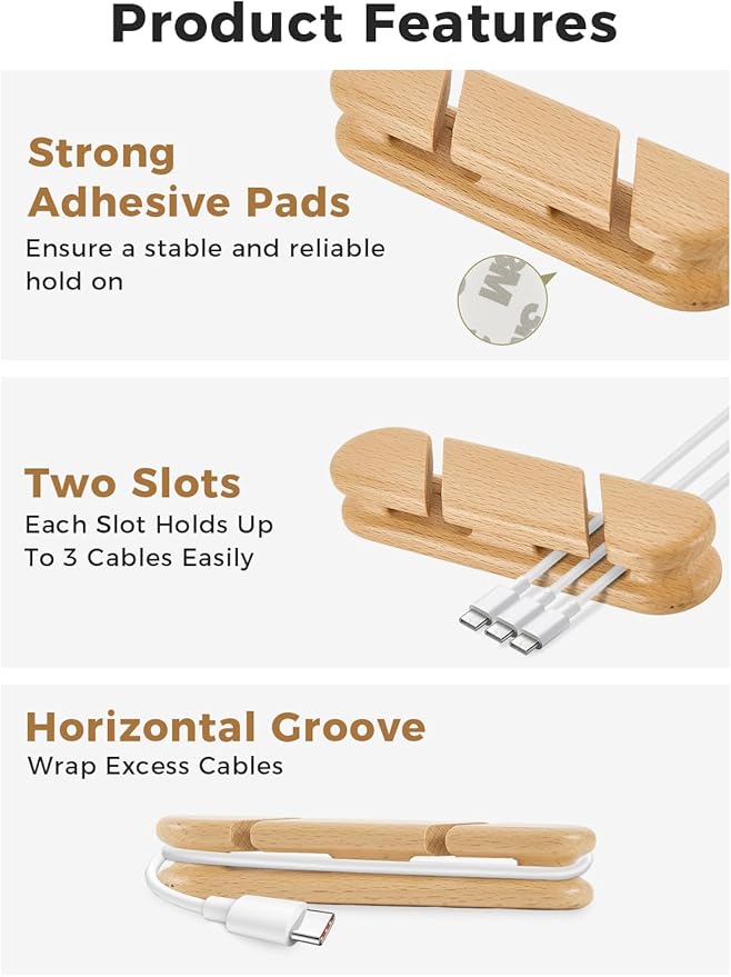 Natural Beech Wood Cable Holder & Cord Organizer, Adhesive Cable Clips for Desk, Under Desk, Wall, Bedside & Car, Wood Cable Management for Home Office, Phone Charging & USB Cables