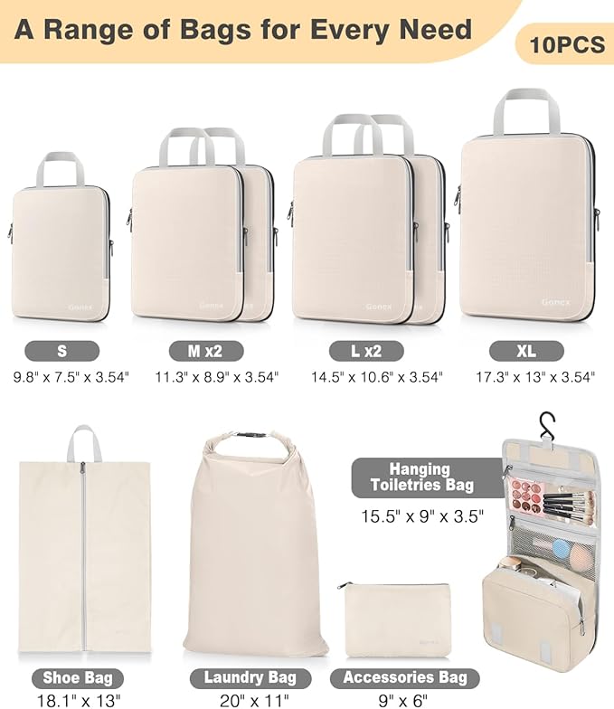 Gonex 10 Set Compression Packing Cubes, Expandable Storage Travel Bags for Suitcase, Luggage Organizers with Hanging Toiletry Bag Laundry Bag Shoe Bag Accessories Bag (Cream)