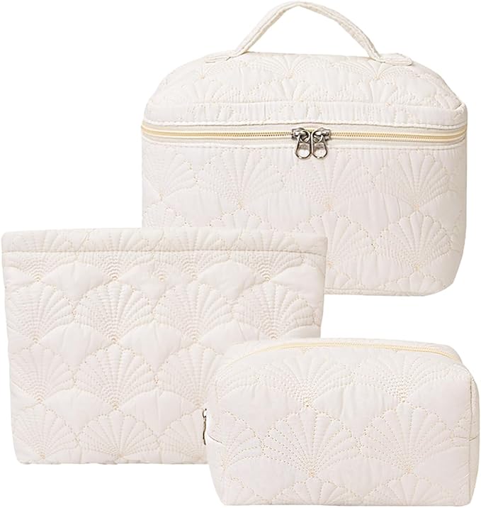 3 Pieces Quilted Cotton Makeup Bag,Large Capacity Cosmetic Organizer for Travel,Portable Cute Toiletry Pouch for Women,Makeup Artists,Organizing Enthusiasts,White Shell