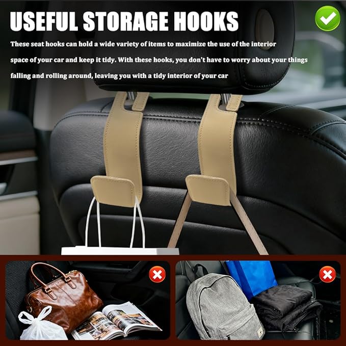Car Seat Headrest Hooks, Purse Hook for Car, Automotive Headrest Handbags Holder, Auto Accessories Leather Seatback Organizer Hanger for Hanging Purses Bags Coats (Beige, 1PCS)