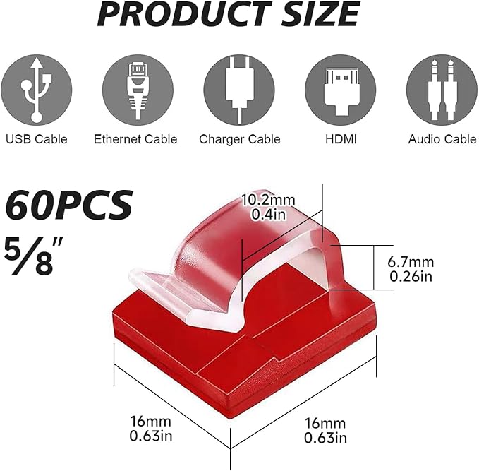 5/8 in Adhesive Cable Clips, 60pcs Outdoor Light Clips, Cord Clips, Sturdy Wire Clips, Finisher Wire Clamp for Home, Car, Office Wire Management Clips (Clear, 5/8"-60PCS)