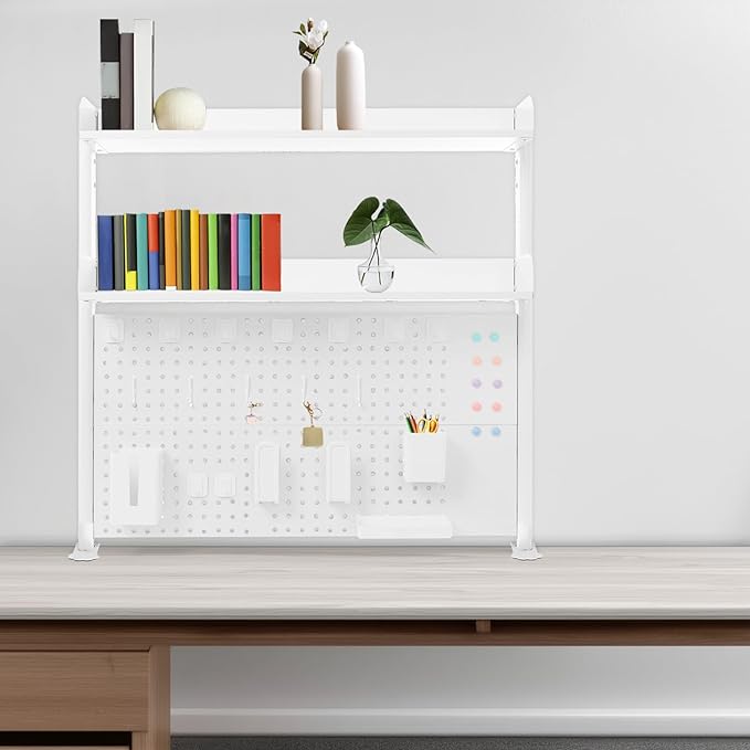Desktop Bookshelf Clip-on Desk Shelf with Spacious Pegboard, Multipurpose Clamp On Desk Organizer Desktop Organizer Desk Pegboard for Office Home Gaming (White)