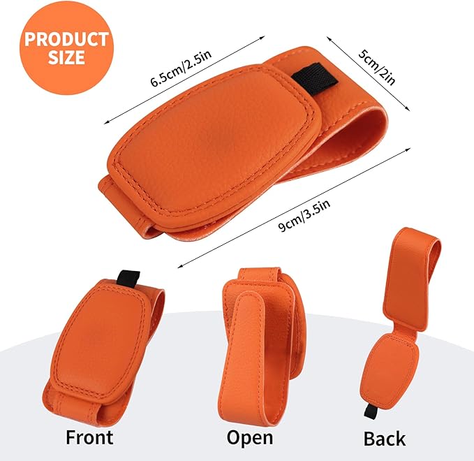 Visor Sunglasses Holder Clip for Car, Magnetic Leather Clip for Car Visor, Universal Glasses Organizer 2 Pack, Orange