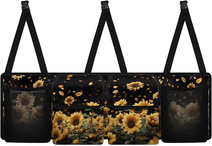 Sunflower Design Car Trunk Organizer,Collapsible Large Capacity Auto Backseat Hanging Storage Bag with Adjustable Strap & 4 Pockets Not Easy to Fade