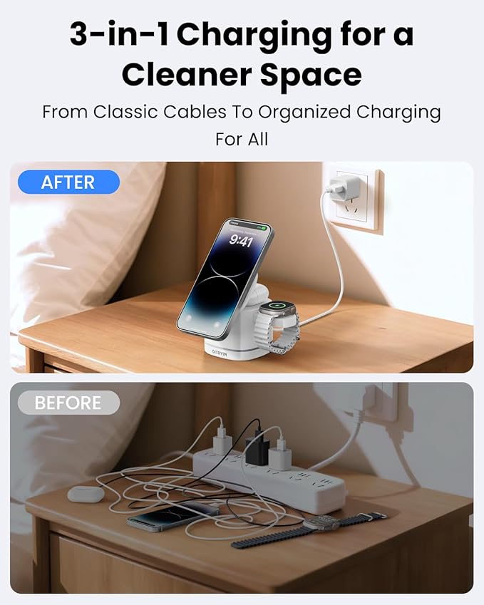 Gitryin Magnetic Wireless Charger Stand for Apple Devices, 3 in 1 Travel Charging Station, 15W Foldable Charging Dock for iPhone 17/16/15/14/13/12, Apple Watch Ultra, AirPods 4 3 Pro