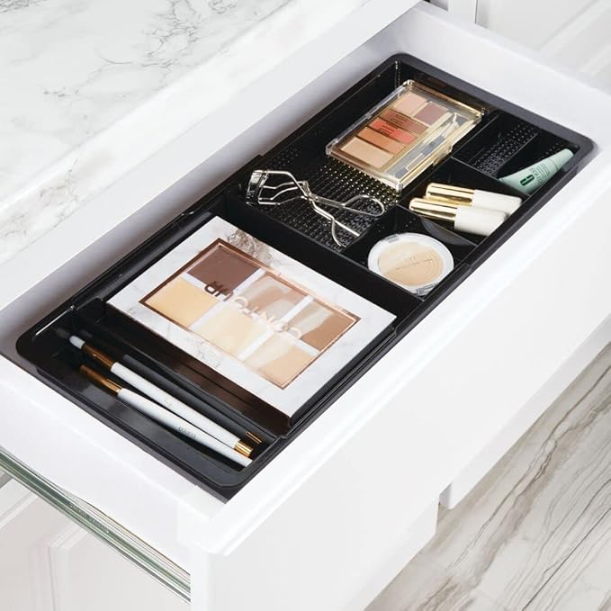 mDesign Expandable Plastic Drawer Organizer and Storage Container for Office Supplies - Gel Pen Pencil, Marker, Stationary, Desk Supply Holder for Drawers and Desktop - Lumiere Collection - Black