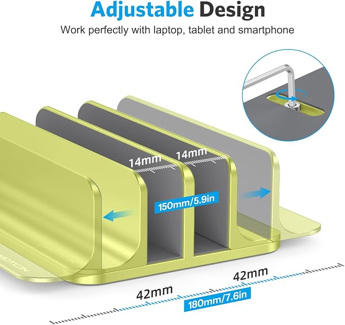 OMOTON Vertical Laptop Stand [Updated Double Version], Desktop Aluminum Mac Book Stand with Adjustable Dock Size, Fits All Mac Book, Surface, Chrome Book and Gaming Laptops (Up to 17.3 inch), (Citron)
