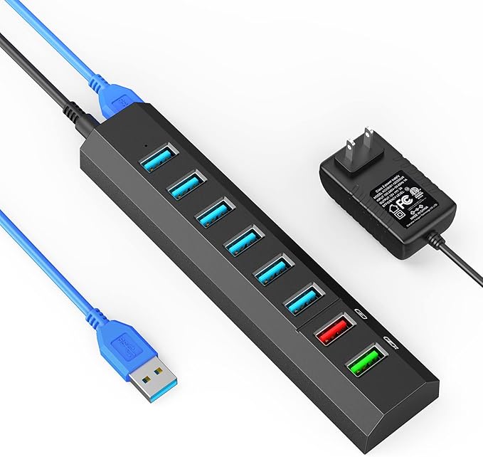 Powered USB Hub, Aiibe 8-Port USB Hub 3.0 Powered USB Splitter with 2 Fast Charging Ports + 12V/3A Power Adapter + USB 3.0 Cable, USB Hub Powered 36W Adapter for Laptop, Mac, PC, Mobile HDD (Black)