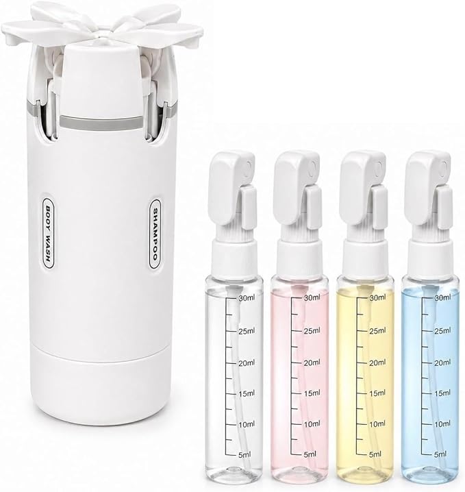 Travel Bottles for Toiletries, 4-in-1 Portable Refillable Containers, Leak-Proof, Transparent, with Measurement Scale and Labels, for Shampoo, Conditioner, Lotion and Cream