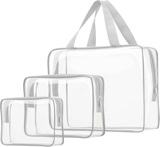 3pcs Clear Cosmetic Bags, TSA Approved Toiletry Bag Set Crystal Clear Travel Beach Essentials Bag Organization PVC, Clear Makeup Bags Luggage Pouch Carry on Airport Airline Compliant Bag Women Men