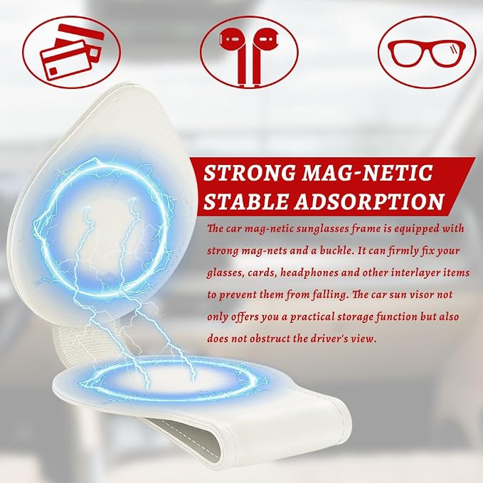 Sunglasses Holders for Car Visor, PU Leather Car Organizer, Magnetic Glasses Holder and Ticket Card Clip, Multi-Functional Auto Sun Visor Eyeglass Holder for Most Vehicles (White)