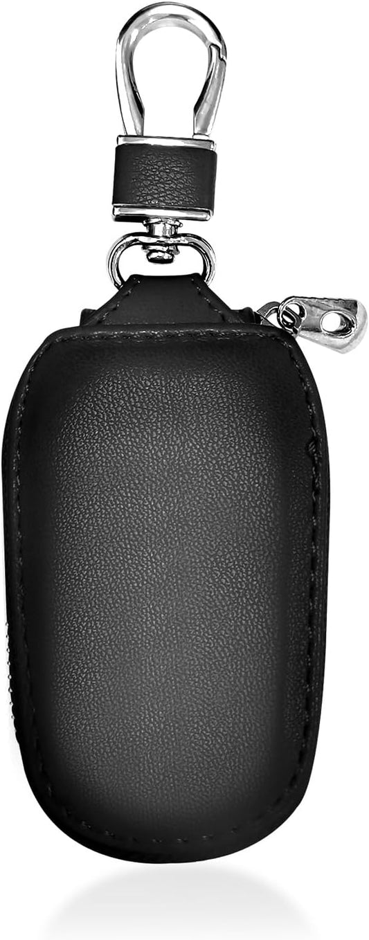 Car Key Case, Genuine Leather Auto Key Fob Protector, Universal Key Fob Cover Case with Metal Hook, Car Smart Keychain Holder for Remote Key Fob, Vehicle Keyring Zipper Bag (Black)