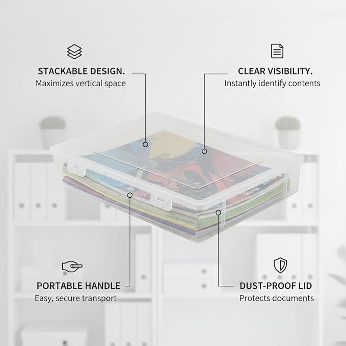 Low-Profile Rectangular File Box with Handle, Transparent PP Plastic Document Organizer for Desktop Storage