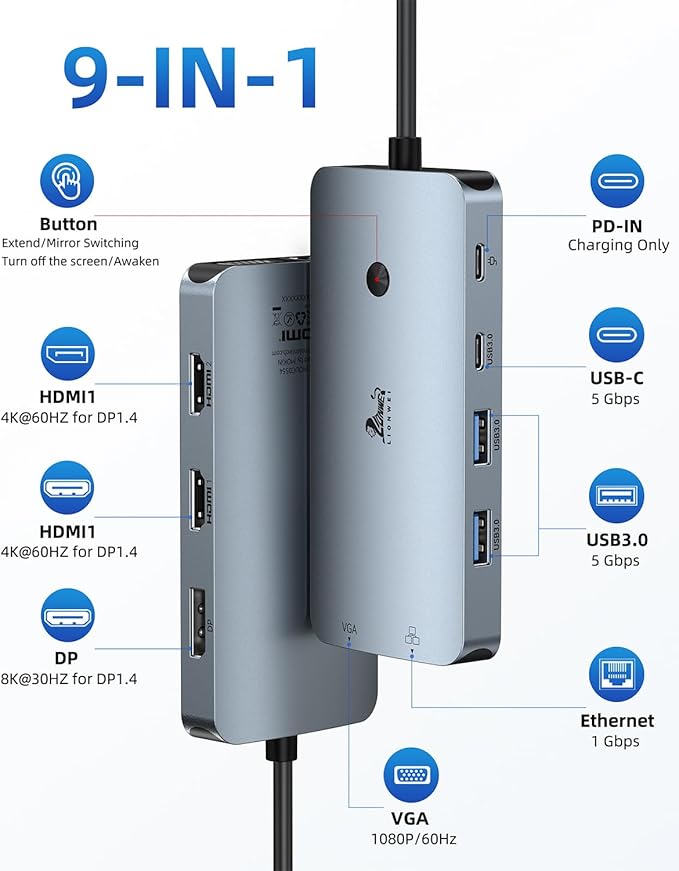 Laptop Docking Station 4 Monitors, 9 in 1, Dual HDMI+DP+VGA, 100W PD, 5Gbps, 3 USB C/A Ports, Ethernet, LIONWEI Docking Station Dual Monitor, USB C Hub for Dell/HP/Surface/MacBook