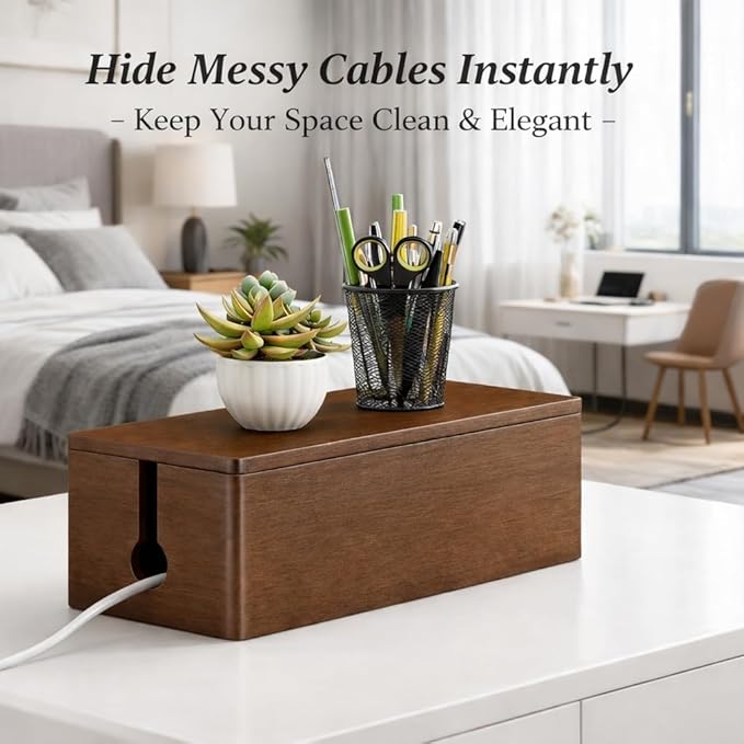 [Tikora] Spring Cleaning Essential: Real Walnut Solid Wood Cable Management Box, Magnetic Lid Cord Organizer for Desk & Home Office - 14.17" x 6.1" x 4.78"