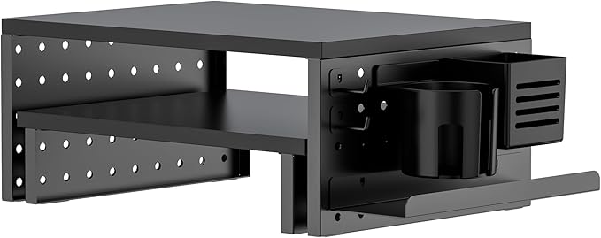 Kantek Pegboard Dual Monitor/Laptop Stand, 2 Ergonomic Platforms, Includes Accessories, Desk Organizer, Black MDF and Metal