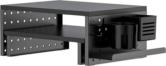 Kantek Pegboard Dual Monitor/Laptop Stand, 2 Ergonomic Platforms, Includes Accessories, Desk Organizer, Black MDF and Metal