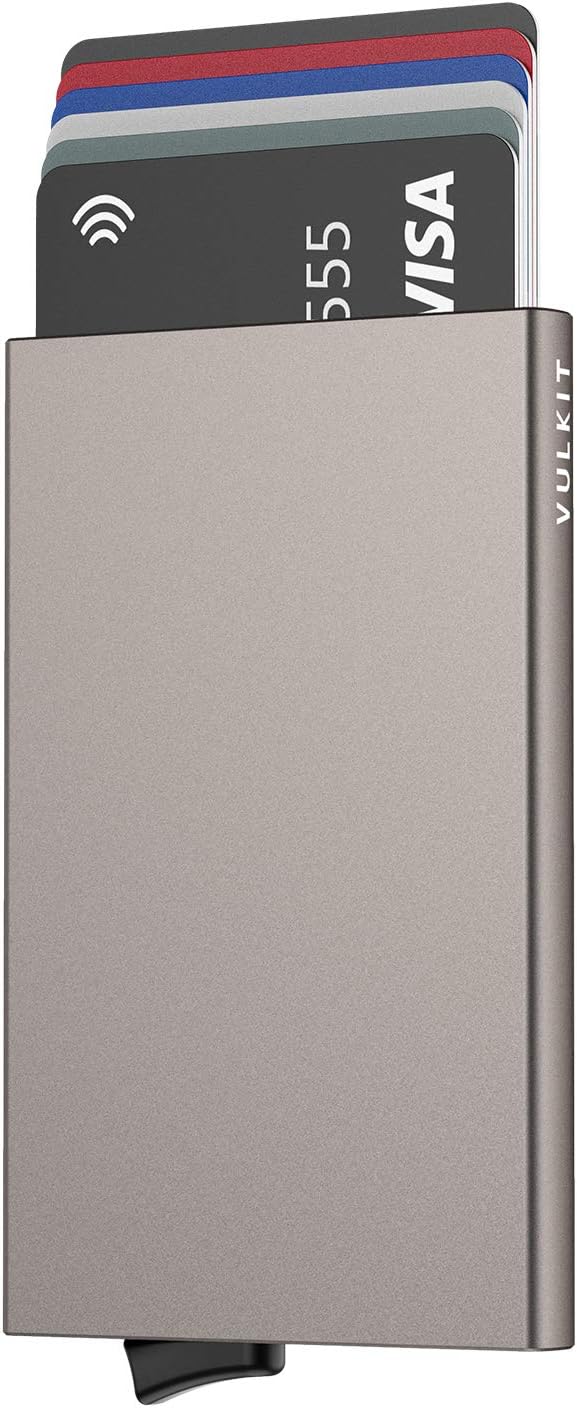 VULKIT Pop Up Wallet, Slim Minimalist Credit Card Holder For Men and Women RFID Blocking Mini Metal Case Nickel Grey