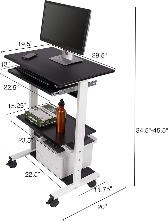 Stand Up Desk Store Mobile Rolling Adjustable Height Standing Workstation with Printer Shelf and Slideout Keyboard Tray (White Frame/Black Top, 30" Wide)