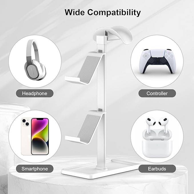 Controller Holder, Headphone Stand, Gaming Controller Stand for Xbox PS5 PS4 Switch, Headset Holder with Storage Organizer, Universal Desk Game Accessories (White)