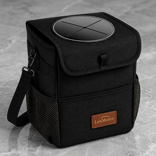 LuxMotive Car Trash Can – 3 Gallon Leakproof Waterproof Auto Trash Bin, Hanging Car Garbage Container with Lid & Storage Pockets, Foldable Car Organizer for Vehicle Interior (Black)