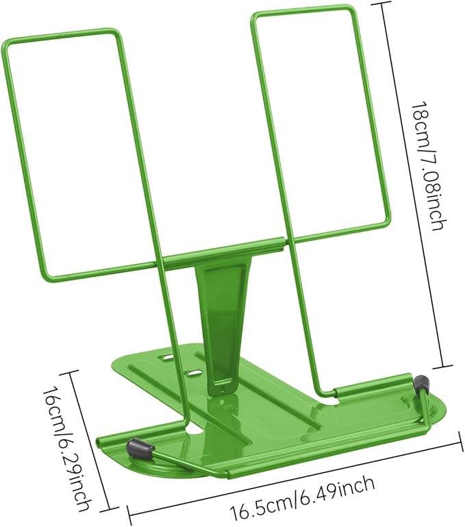 Metal Book Stand for Desk, Adjustable Reading Rest Book Holder, Portable Cookbook Documents Holder, Sturdy Typing Stand for Recipes Textbooks Tablet Music Books with Page Clips (Green)