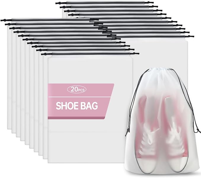 20 Pack Shoe Bags for Travel, 11.8" x 15.7" Waterproof Travel Shoe Bags for Packing, Large Clear Shoe Organizers Pouch with Rope, Portable Drawstring Shoes Storage Bag for Men & Women