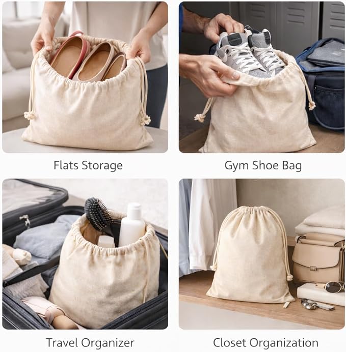 Cotton Shoe Bags with Drawstring | Dustproof, Washable Travel Shoe Pouch | Natural Canvas Organizer for Men & Women | Fits Sneakers, Sandals, Slippers | 14” x 17” (Pack of 2)