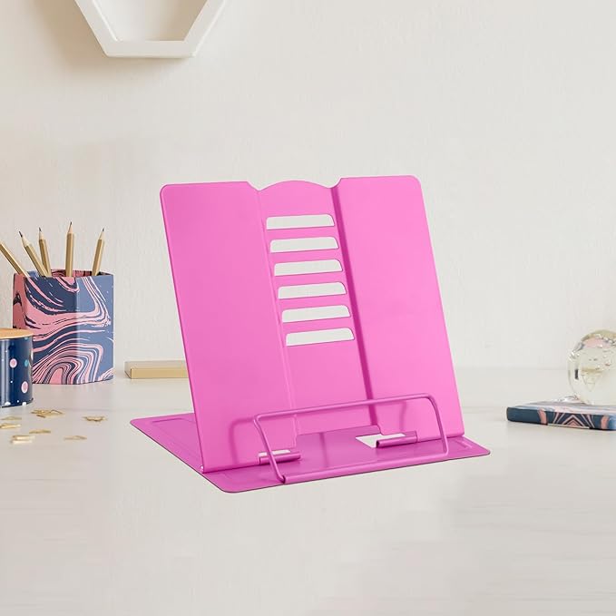 MSDADA Small Desk Book Stand Metal Reading Rest Book Holder Adjustable Cookbook Documents Holder Portable Sturdy Bookstands for Recipes Textbooks Tablet Music Books(Rose Red