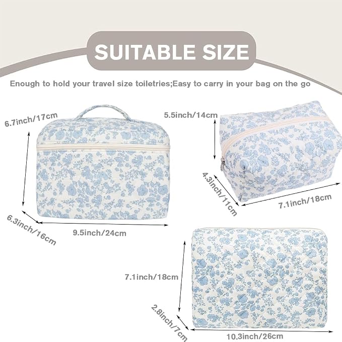 Makeup Bag Travel Large Quilted Toiletry Bag 3 Pack Portable Cosmetic Organizer Pouch with Small Brush Storage Case Zipper Waterproof for Women,Blue Flower