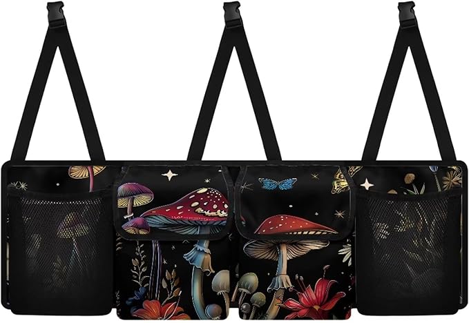 Mushroom Car Trunk Organizers,Backseat Hanging Organizer with 4 Large Storage Bag,Butterfly Black Design Bag with Lids,Road Trip Adjustable Strap Not Easy to Fade