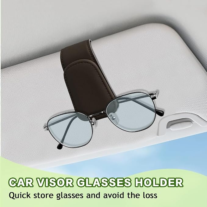 Sunglass Holder for Car, Sunglasses Clip for Car Visor, Magnetic Leather Vehicle Eyeglass Hanger Clip, Auto Ticket Card Glasses Organizer Clamp Accessories for SUV Sedan (Brown)