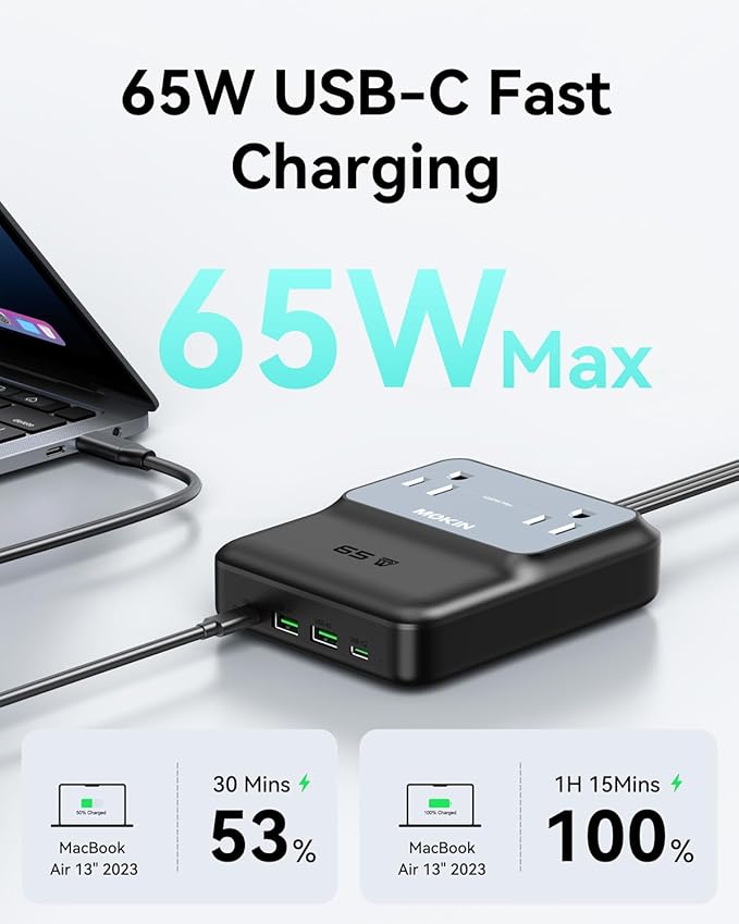 Charging Station, 65W Max 6-in-1 USB C Power Strip for iPhone 17/16 and MacBook, Flat Plug and 5ft Thin Undetachable Extension Cord,2 AC,2 USB-A,2 USB-C,Fast Charging Desktop Charger for Home & Office