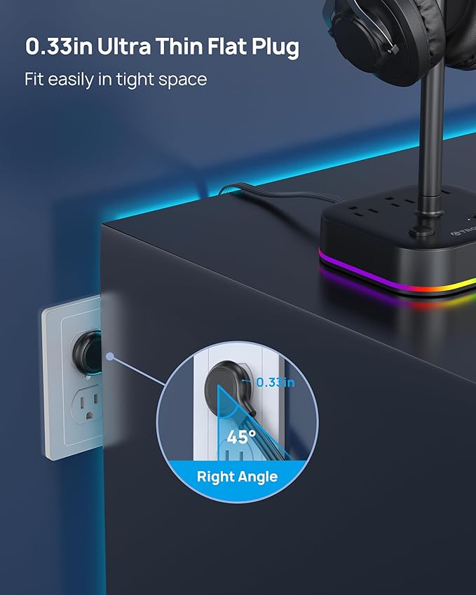 TROND Headphone Stand with USB C, Desk Gaming Headset Holder with 3 AC Outlets, 2 USB-A and 1 USB-C, Headset Stand with 5 RGB Light Modes, for Gaming Desk Accessories Gamer Boyfriend Gifts