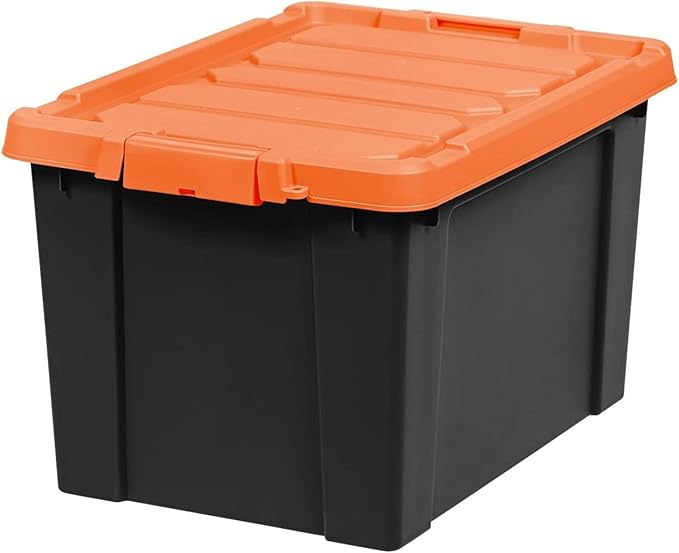 IRIS USA 20 Gallon Lockable Storage Bins with Lids, 2 Pack - Made in USA, Heavy Duty, Stackable Containers, Garage Organizing Bins Moving Tubs, Rugged Sturdy Equipment Utility Box - Black/Orange