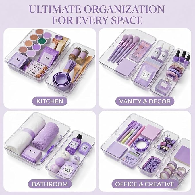 16 Pcs Extendable Clear Drawer Organizer, 2-Size Expandable Drawer Dividers, Expanding Plastic Storage Box Arcrylic Storage Bins for Vanity Makeup Drawer Dresser Kitchen Utensils DIY Desk Office