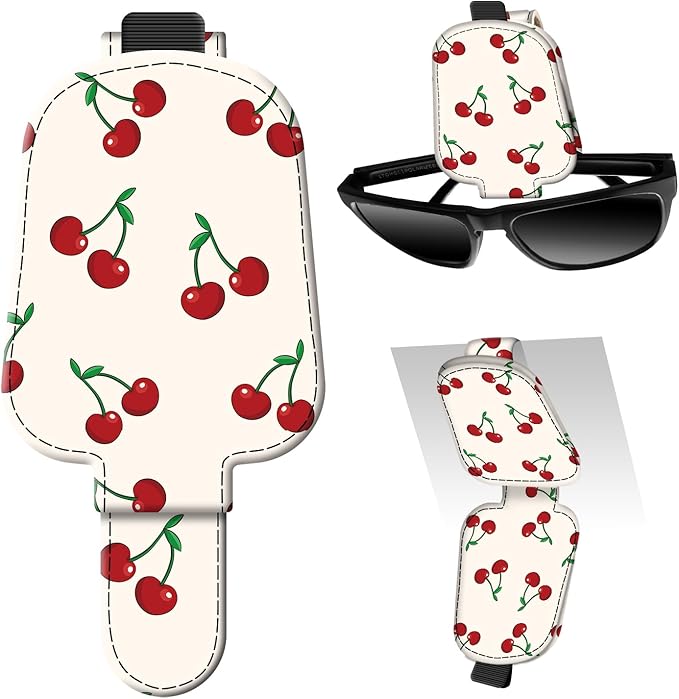 Leather Magnetic Sunglass Holder for Car Sun Visor, Cute Eyeglass Ticket Card Hanger Clip, Universal Auto Interior Accessories for SUV Pickup Truck Cute Red Cherry