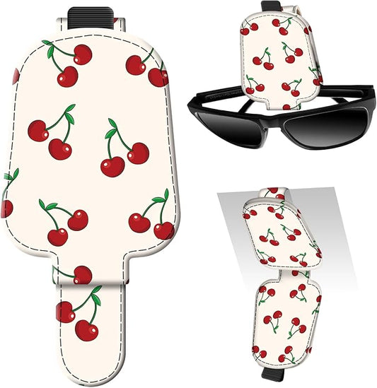 Leather Magnetic Sunglass Holder for Car Sun Visor, Cute Eyeglass Ticket Card Hanger Clip, Universal Auto Interior Accessories for SUV Pickup Truck Cute Red Cherry
