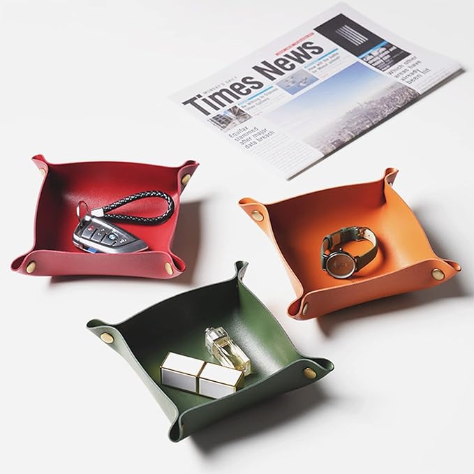 Foldable Leather Catchall Tray, Jewelry Organizer for Travel, Nightstand, Home or Office (Orange-S)