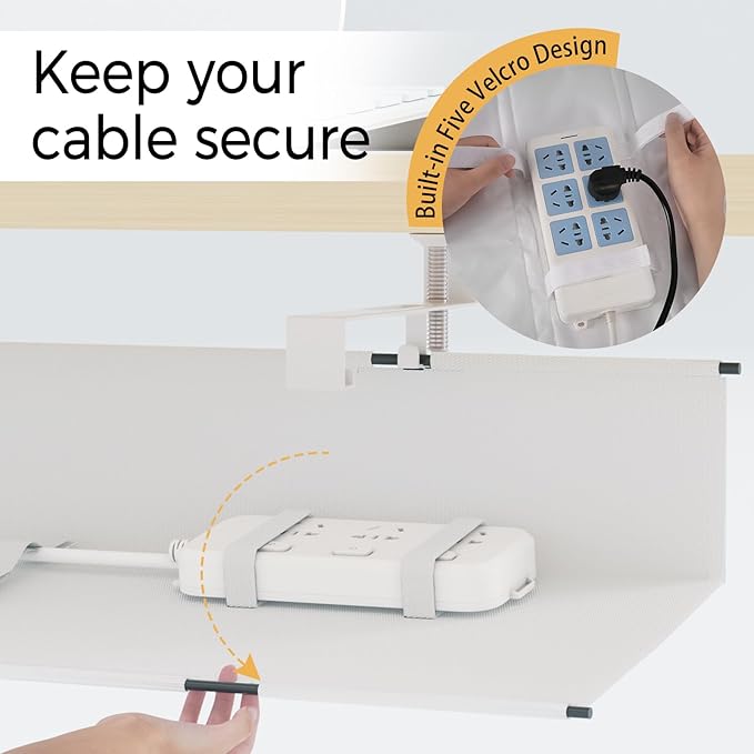 Under Desk Cable Management Tray 27.2" - No Drill Computer Wire Organizer Cable Tray, Cord Hider Clamp Mount with 16X Cable Ties PC Cables Management Cord Holder for Office/Home (Upgrade Fabric,White)