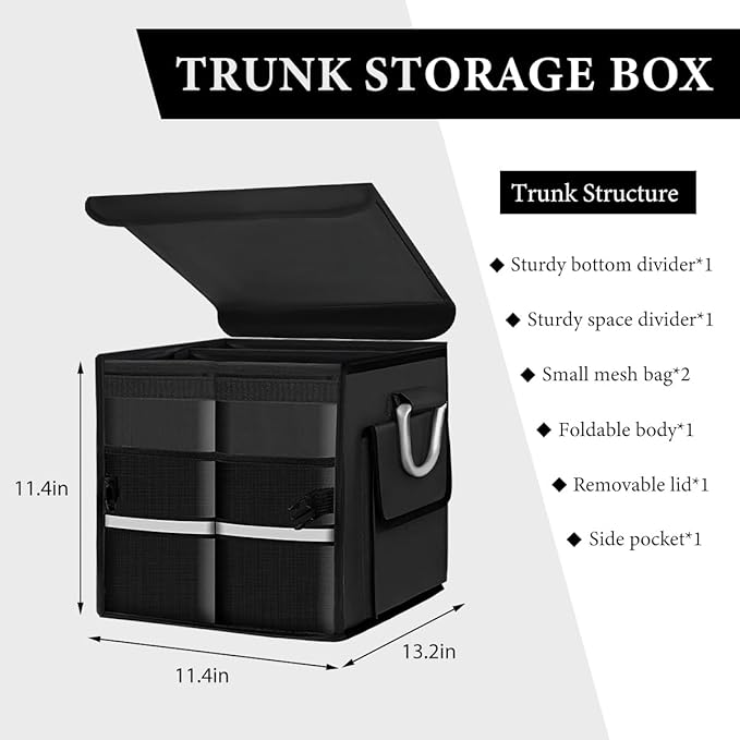 Trunk Organizer with Lid, 28L Collapsible Cargo Organizer with Aluminum Handles & Reflective Strip, Multi-Purpose Waterproof Oxford Storage Box for Cars Trucks SUVs Minivans (Black)