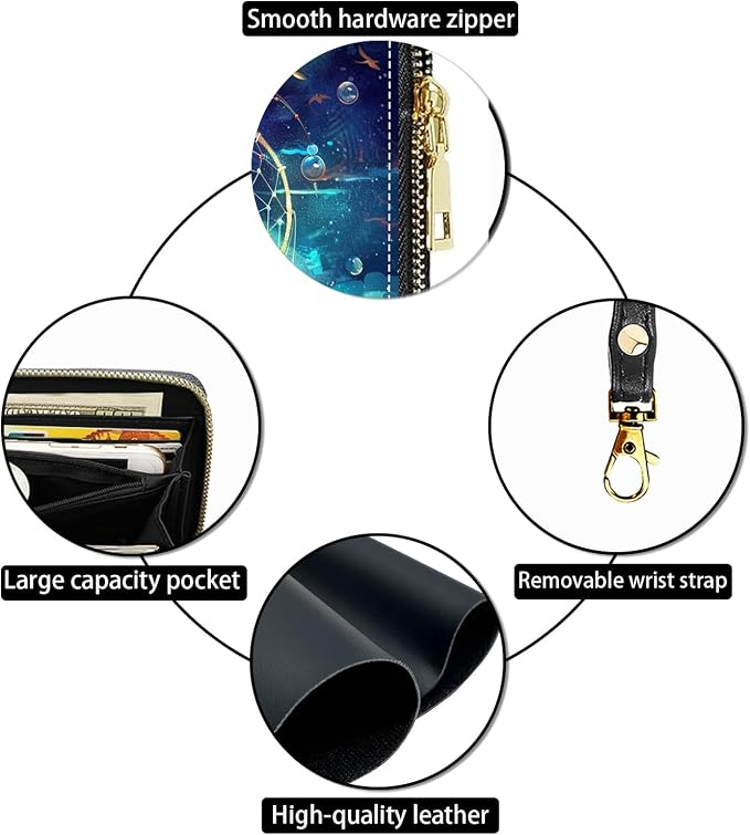 Women's Large Capacity Wallet PU Leather Zip Around Clutch Purse Multifunctional Wallet with Removable Wristlet Strap for Smart Phone/Coin/Card/Cash, Dream Catcher Dolphin