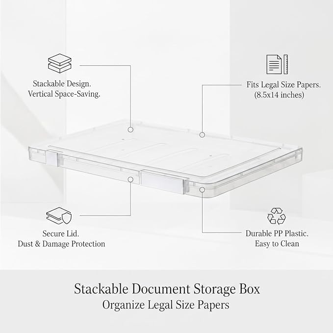 Easy-Access Stackable File Box with Lid, White PP Plastic Document Organizer for Legal Size Papers, Desktop Storage Bin (1 Pack)