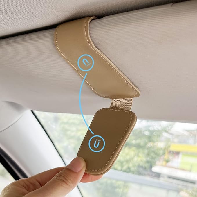 Sunglass Holder for Car, Magnetic Leather Eyeglass Hanger Clip for Car Sun Visor, Sunglasses Holder and Ticket Card Clip for Car Visor Accessories (1Pack Beige)