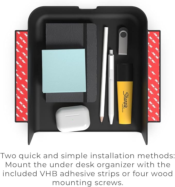 HumanCentric Under Desk Storage Shelf, Drawer Organizer for Office, Workstations, Tables, Sit Stand Desks, Gaming Setups, Mountable Storage Tray, Cable Management, Screw or Stick On, 2 Pack